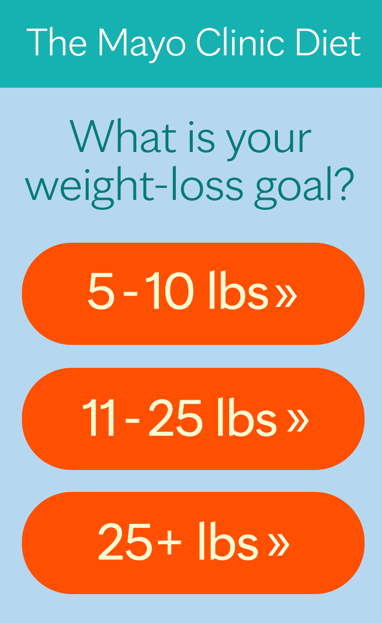 The Mayo Clinic Diet: What is your weight-loss goal? 5-10 lbs, 11-25 lbs, or 25+ lbs